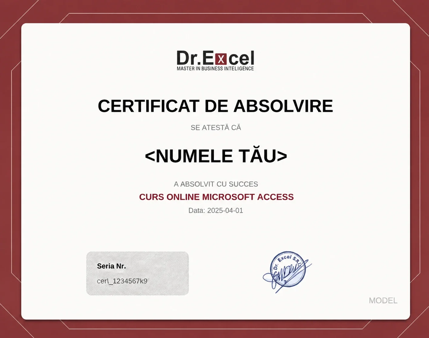 Model de certificat Dr.Excel de absolvire pentru cursul Microsoft Access