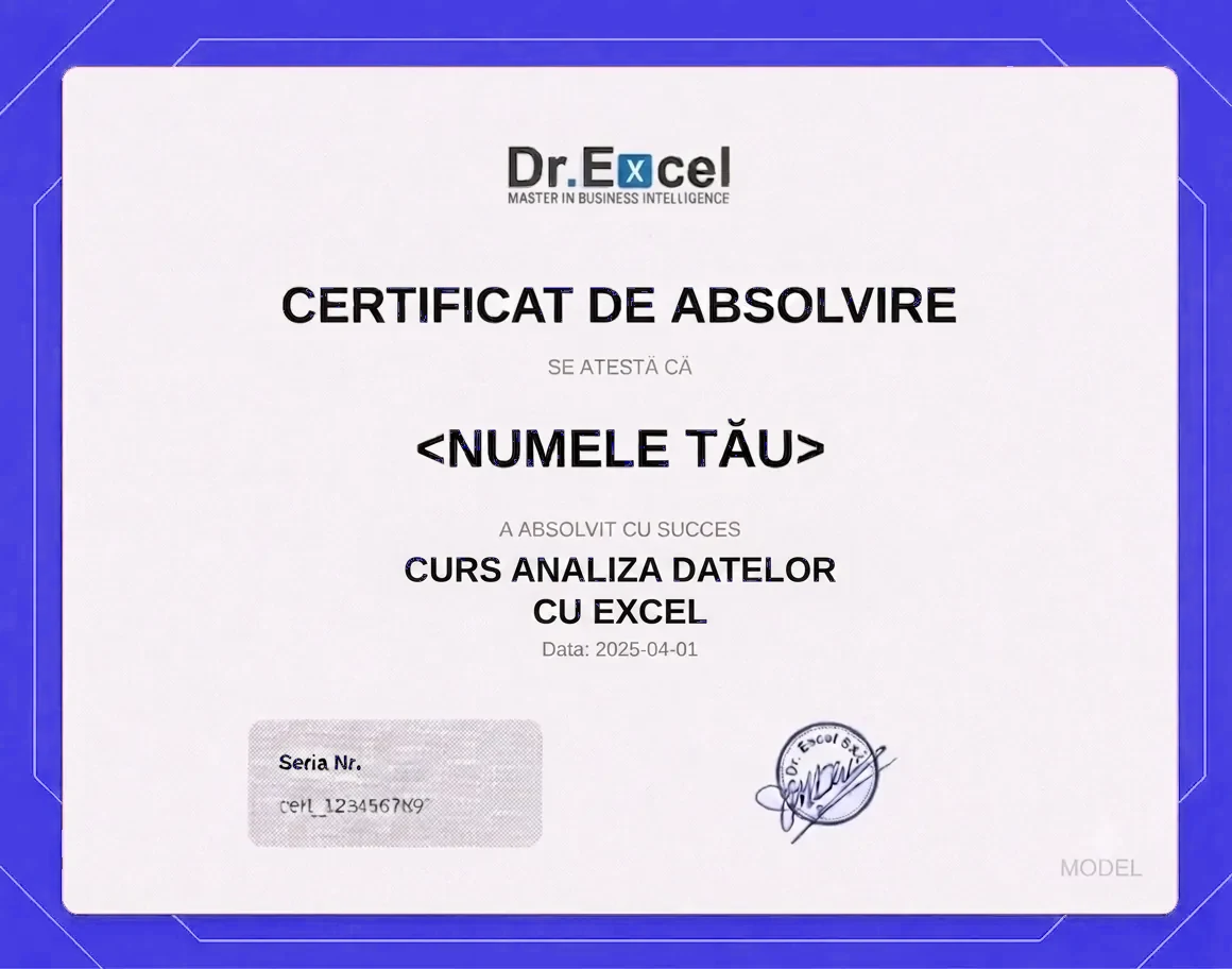 Model certificat Dr.Excel de absolvire pentru Curs Analiza Datelor cu Excel
