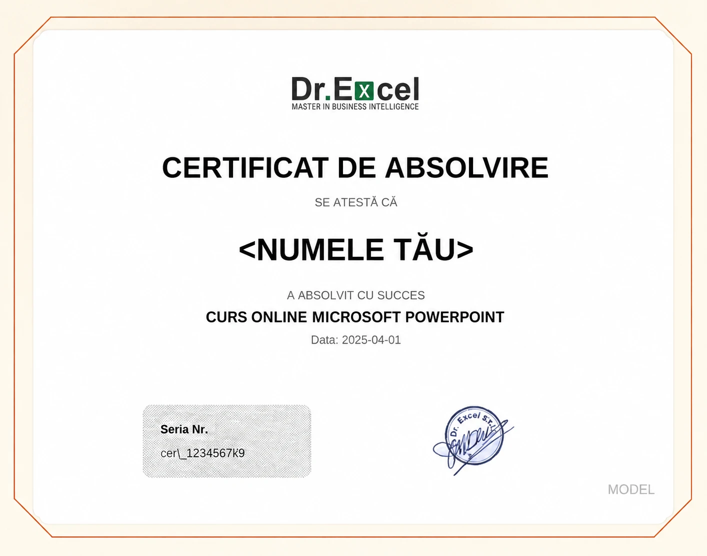 Model de certificat Dr.Excel de absolvire pentru cursul online Microsoft PowerPoint