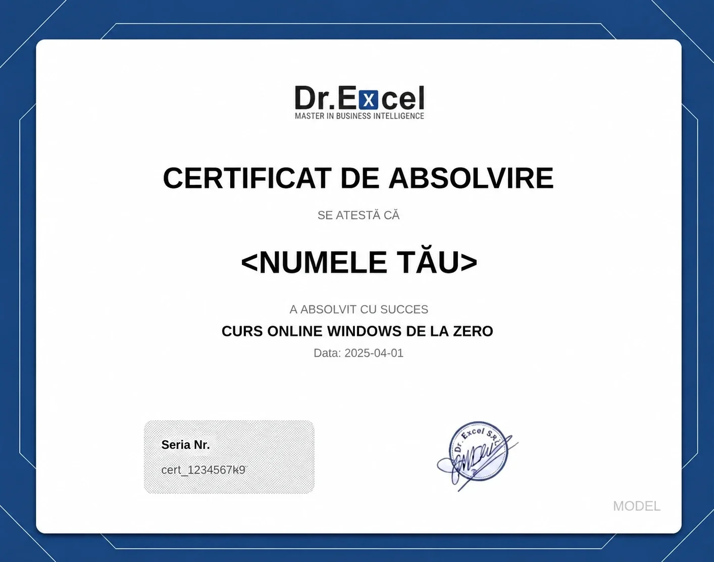 Model de certificat Dr.Excel de absolvire pentru cursul Windows