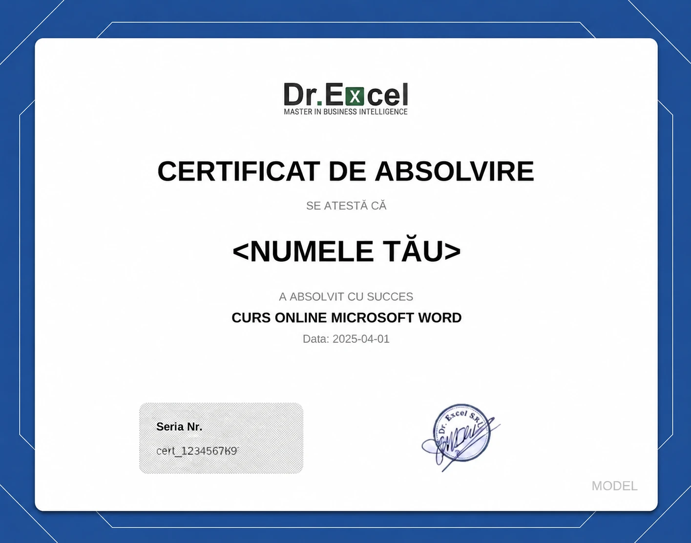 Model certificat Dr.Excel de absolvire pentru cursul online Microsoft Word