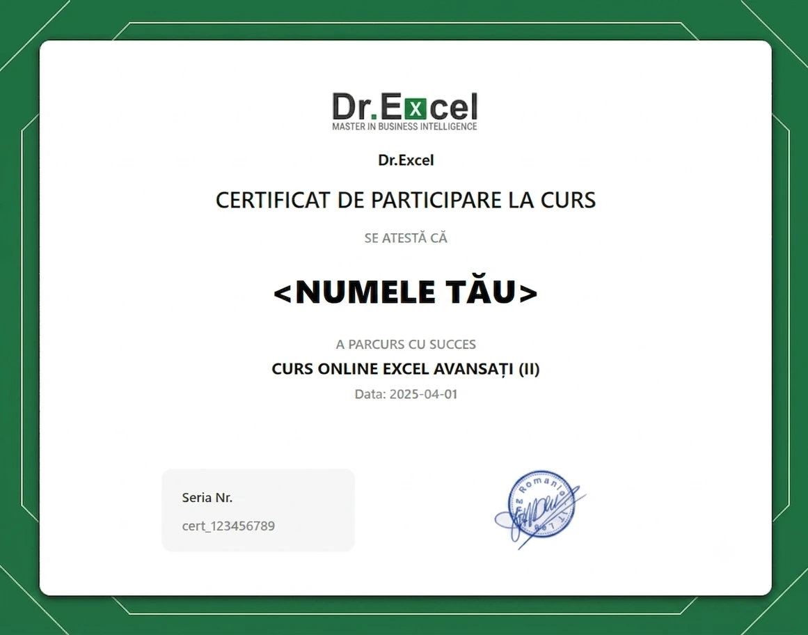 Model de certificat Dr.Excel de absolvire pentru cursul Excel Avansat