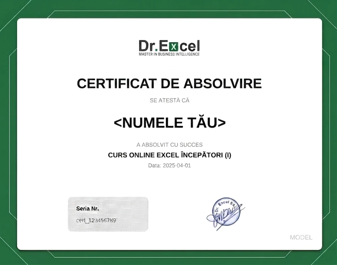 Model de certificat Dr.Excel de absolvire pentru cursul Excel Începători