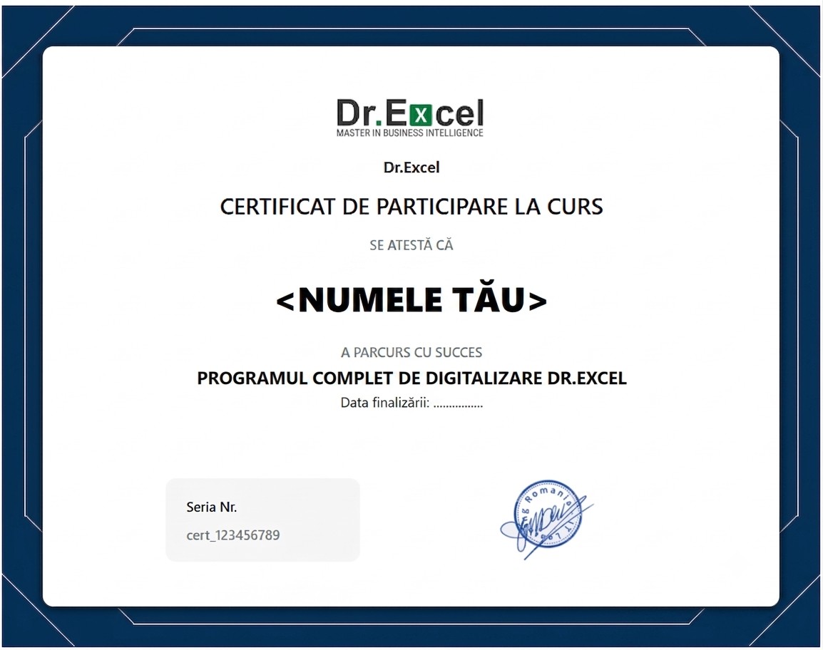 Model real de certificat Dr.Excel de absolvire pentru Programul complet de digitalizare Dr.Excel